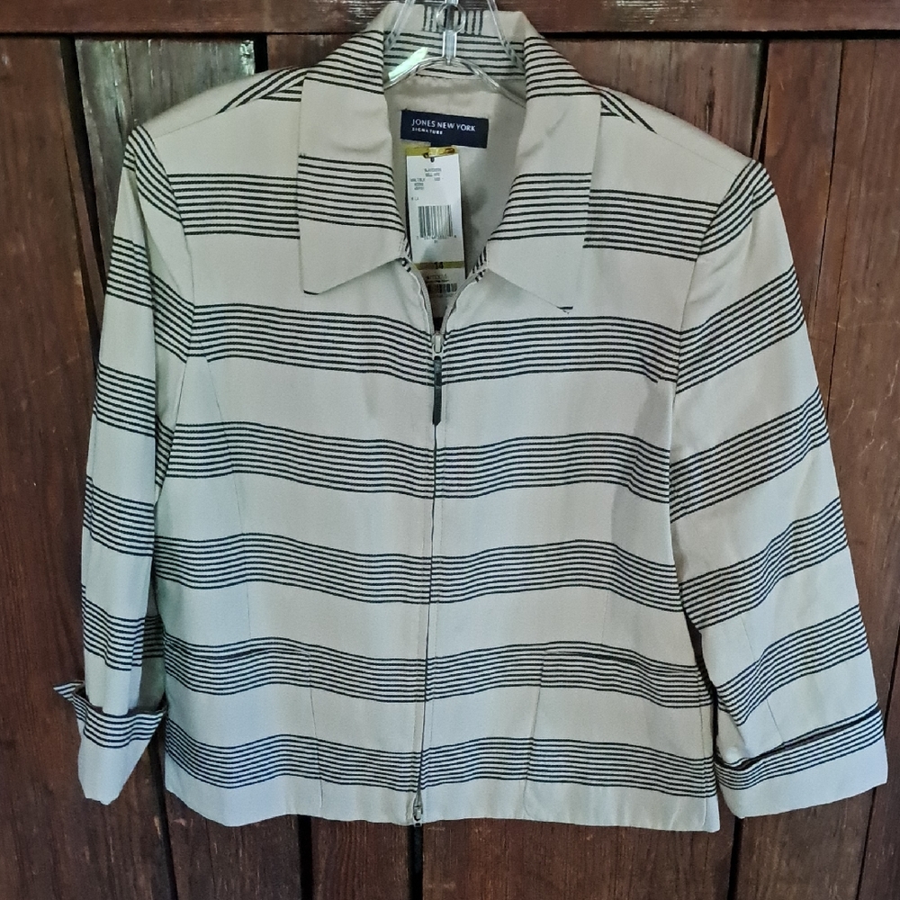 Jones NY Tan/Black Stripes Size 14 Lightweight Jacket